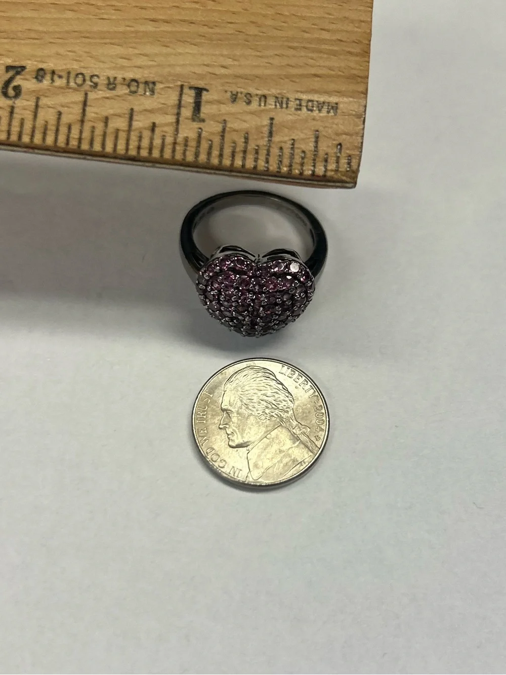 Vintage Heng Nagai black tone Sterling Silver clusters pave ruby love Heart ring